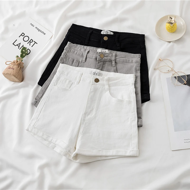 Chic High Waist A-Line Denim Shorts Women's Summer Elastic Jeans High Waist Flared Cuffed Washed Button Zipper Closure Cool F...