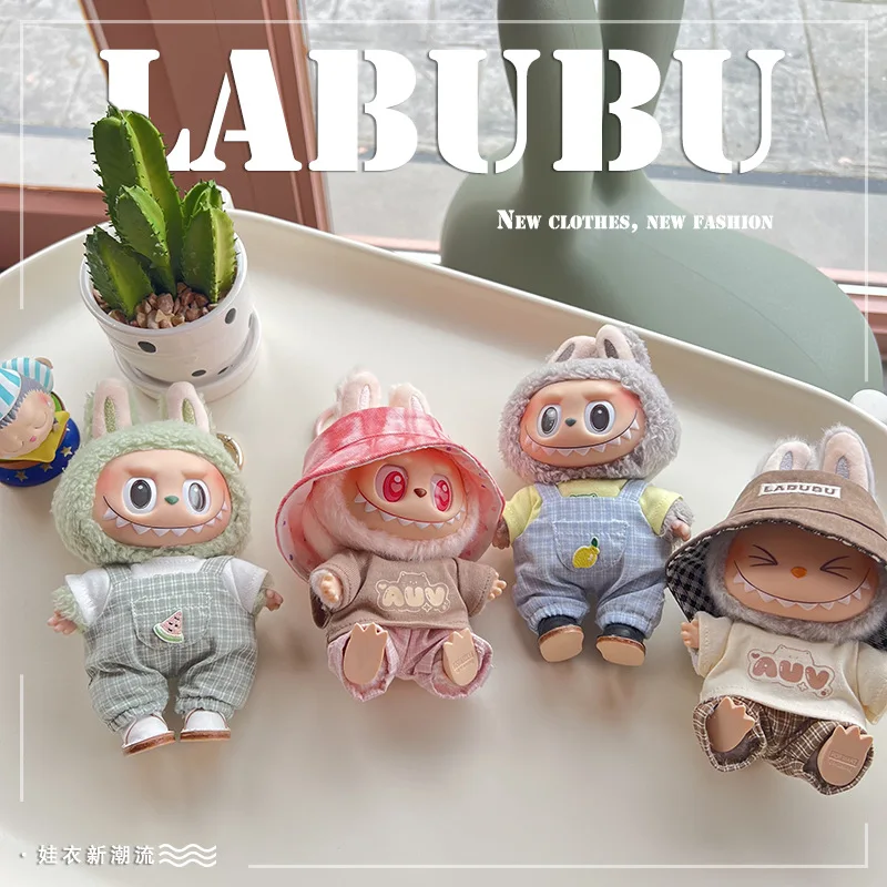 New 17cm Mini Plush Doll Clothing Labubu Macaron Vinyl Doll Idol V1 V2 Casual Checkered Strap Pants Workwear Hat Clothing Gift