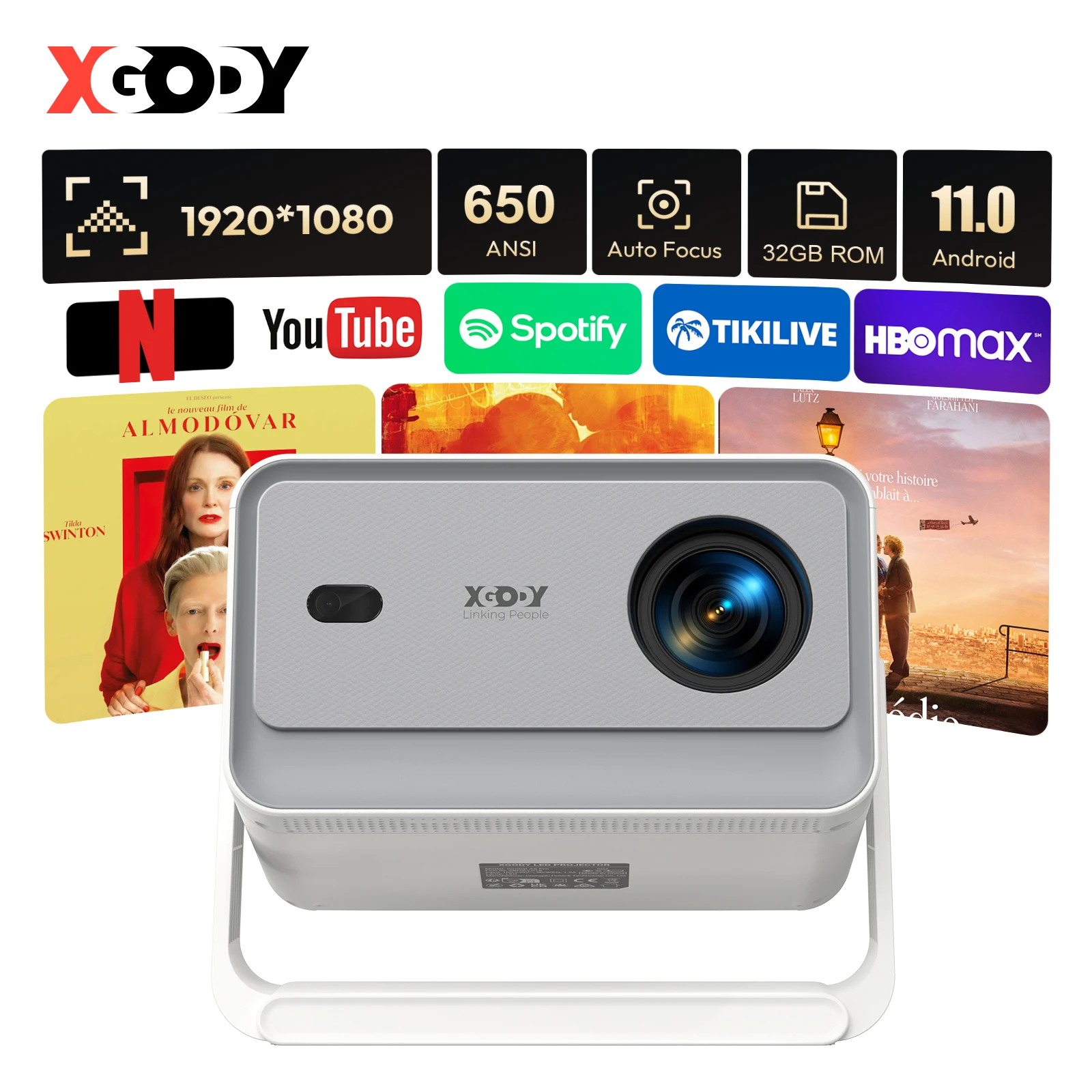 XGODY 4K Projector 650ANSI Native Portable Projector 1080P Auto Focus Keystone Correction BT5.2 Android11 WIFI6 135° Home Cinema