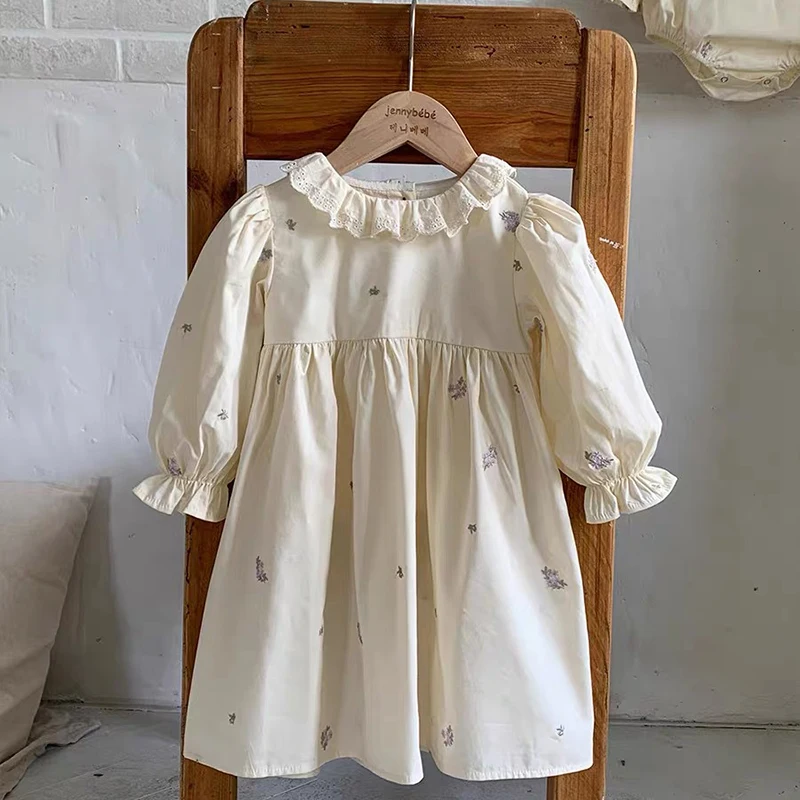 Girls Puff Sleeved Birthday Party Dress Autumn Kids Dress Vestidos Cotton Children Elegant Embroidered Flowers Dresses Clothes