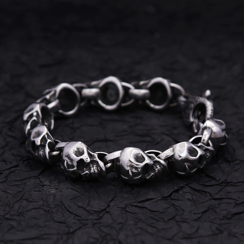 Punk Vintage 316L Stainless Steel Skull Bracelets For Men Boys Gothic Hip Hop Skeleton Bracelet Fashion Charm Jewelry Wholesale