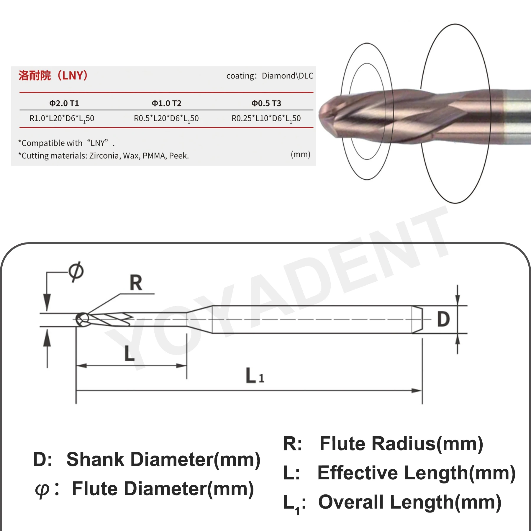 LNY D6 Dentalfräser mit Diamantbeschichtung für Zirkonoxid/PMMA, Fräser für LNY Fräsmaschine 0,5/1,0/2,0mm – Detail 1
