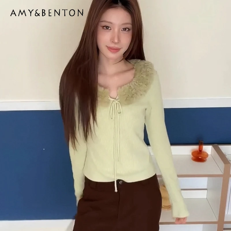 

Korean Style Green Long Sleeve Women's Knitted Sweater Autumn Winter New Design Lace-Up U-Neck Slimming Bottoming Shirt Ladies