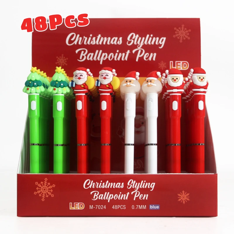 48Pcs/Lot Cute Christmas Light Ballpoint Pens Blue Ink LED Cartoon Luminous Rotating Ball point Pen Santa Snowman Gifts Office