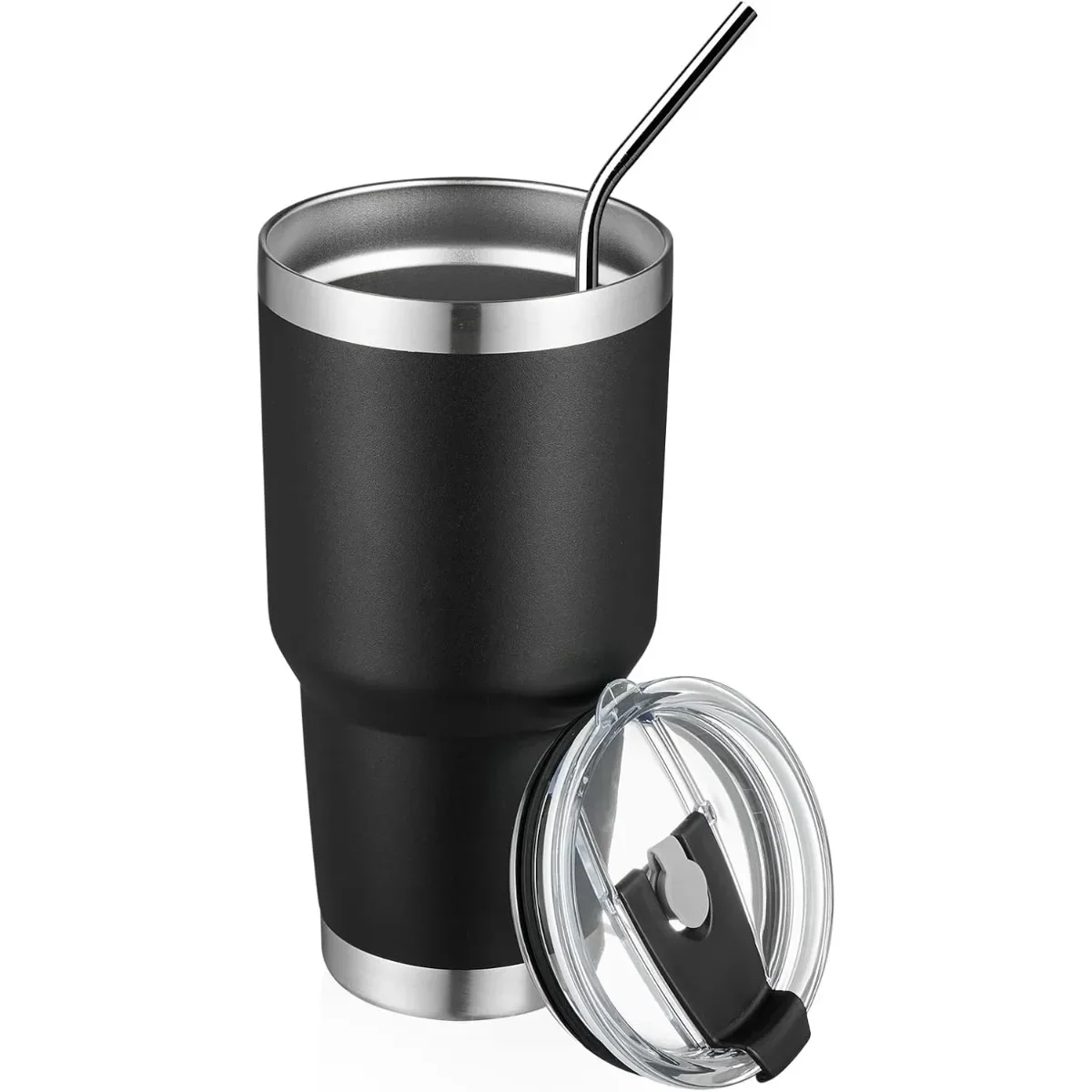 

30 oz insulated travel coffee mug with lid and straw, powder-coated stainless steel cup for durability. Easy to clean