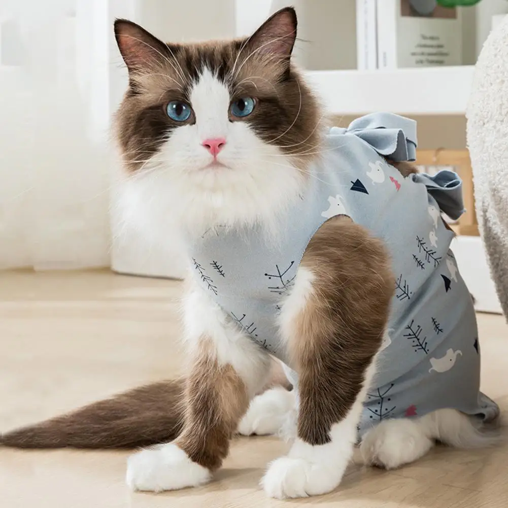 Adjustable Strap Cat Neutering Suit Cat Neutering Suit Breathable Cartoon Print Cat Recovery Suit Elastic Neck Bandage Female