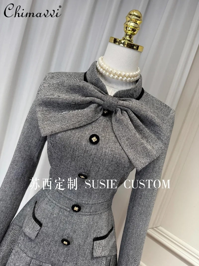 High-end francês gola destacável borboleta botão plissado a linha vestido moda manga longa elegante vestido curto feminino