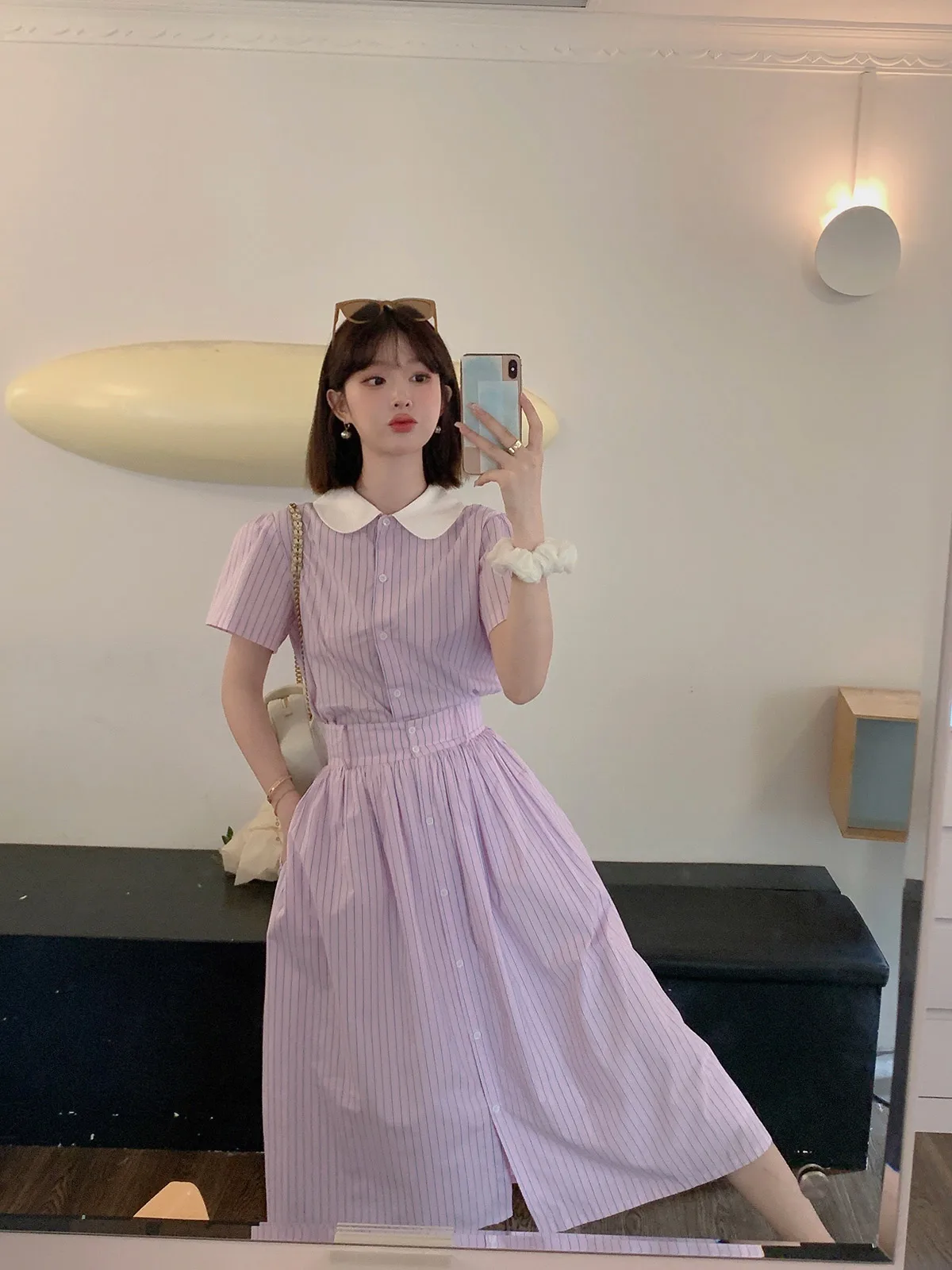 

Летний комплект в полоску DbyDoi, женский комплект Dr irt ort Sve Cotton Blend Faion Ensemble f Юбка Small Fraance Sle