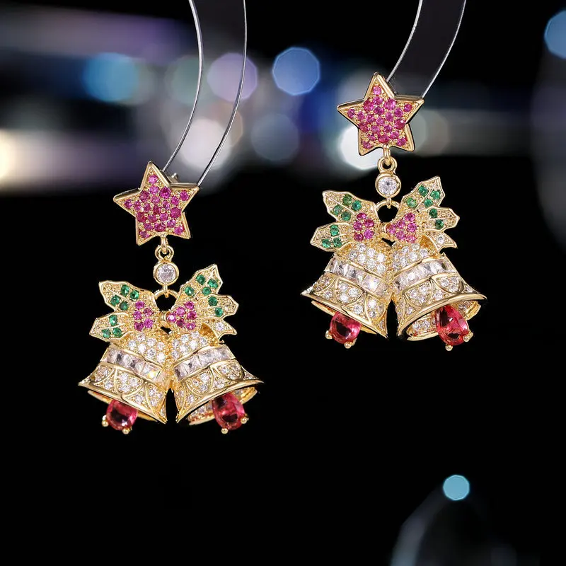 

New Christmas Earrings With Colored Zircon Inlaid Light Luxury And High Quality Personalized Christmas Bell Earrings