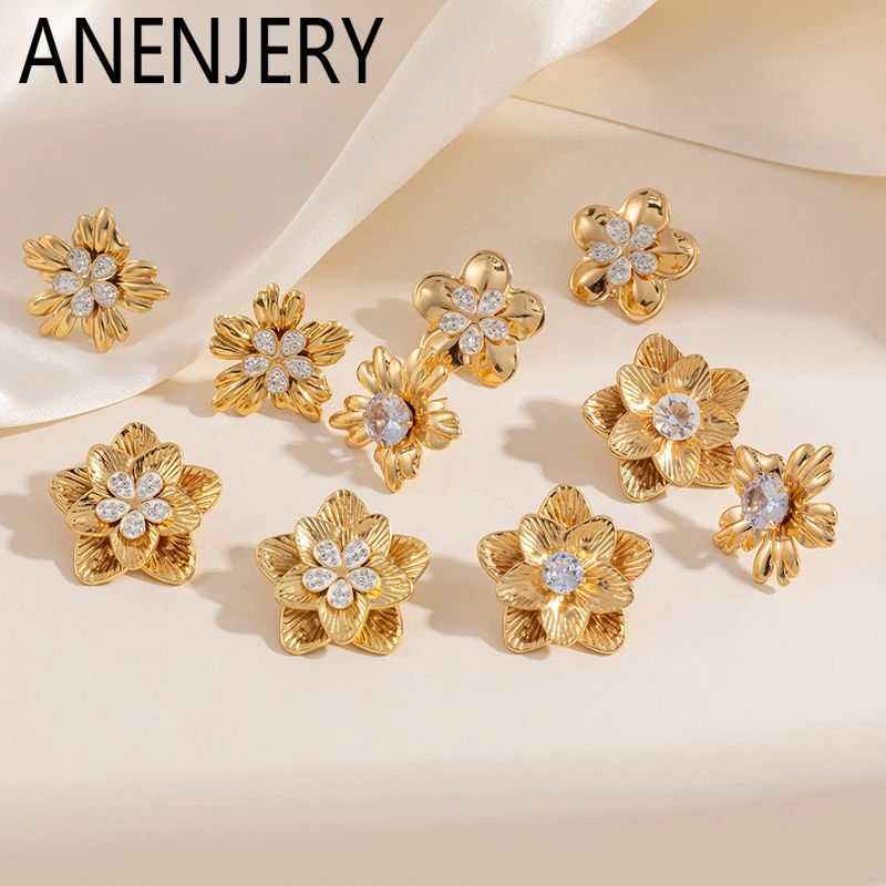 ANENJERY 316L Edelstahl Multi-schicht Metall Blume Zirkon Ohrringe Für Frauen Vintage Französisch Luxus Design Dame Schmuck Geschenke