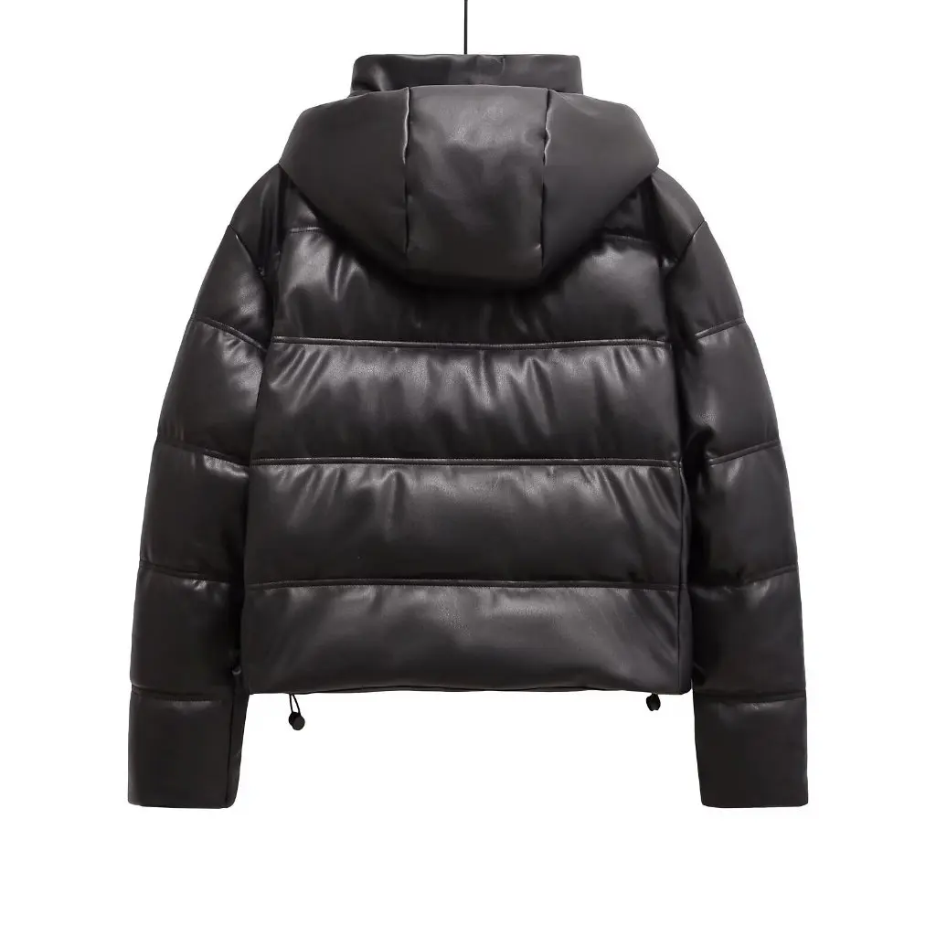 

Women's Cotton-Padded Hooded Jacket Imitation Leather Zipper Closure European American Fashion Winter Outerwear New F79647