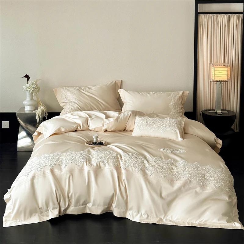 

Luxury 600TC Egyptian Cotton Bedding Set Elegant Lace Embroidery Duvet Cover Flat/Fitted Bed Sheet Pillowcases King Queen Size