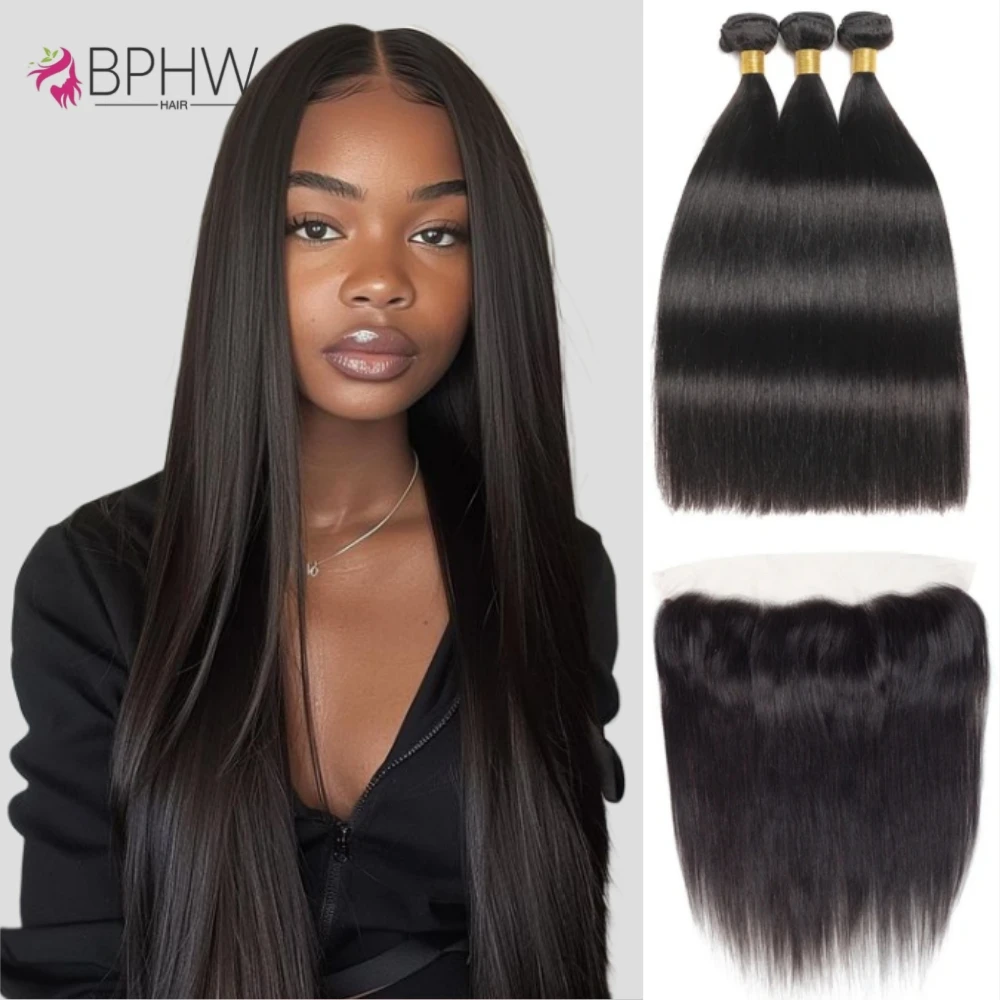 3 Bundles With Frontal Straight 100% Human Hair For Women Hair Extensions Brown Lace 13x4 Lace Frontal Hair Weave Remy Hair 10A