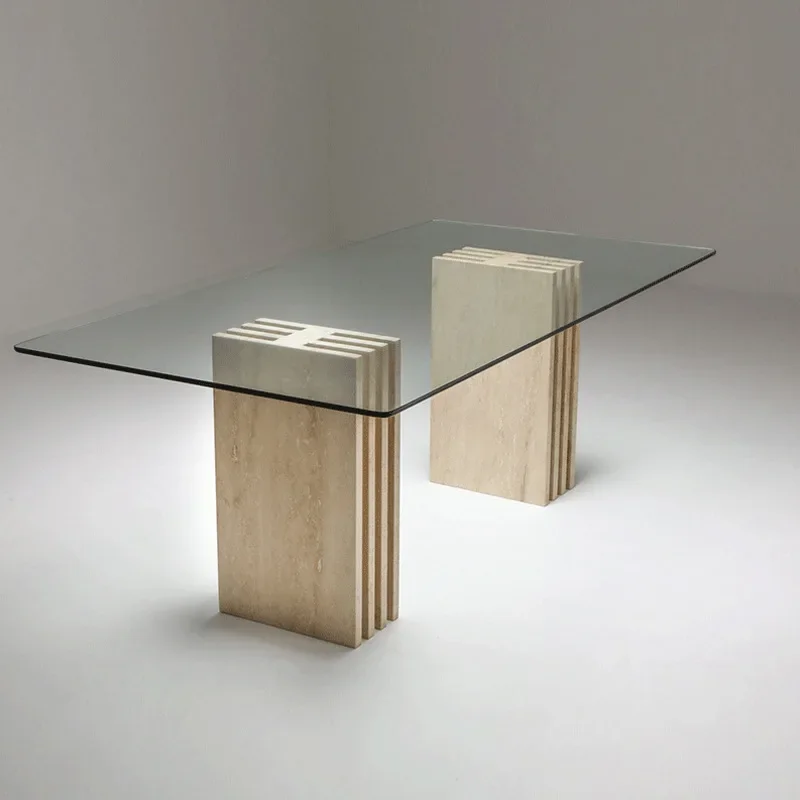 Modern minimalist natural travertine dining table, tempered glass countertop table