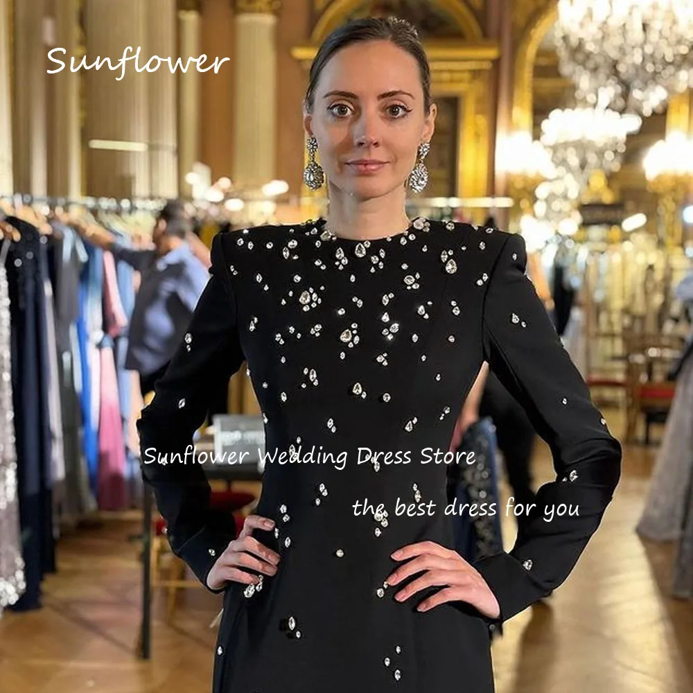 Sunflower Black Beading O-Neck Mermaid Formal Evening Dress Saudi Arabia 2024 Slim Crepe Long Floor-Length Prom Dress