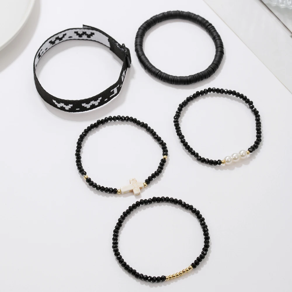 Pink Black Red 5-Piece WWJD Bracelet Women's Fashion Personality Cross Imitation Pearl Beaded Elastic Bracelet Sets Jewelry