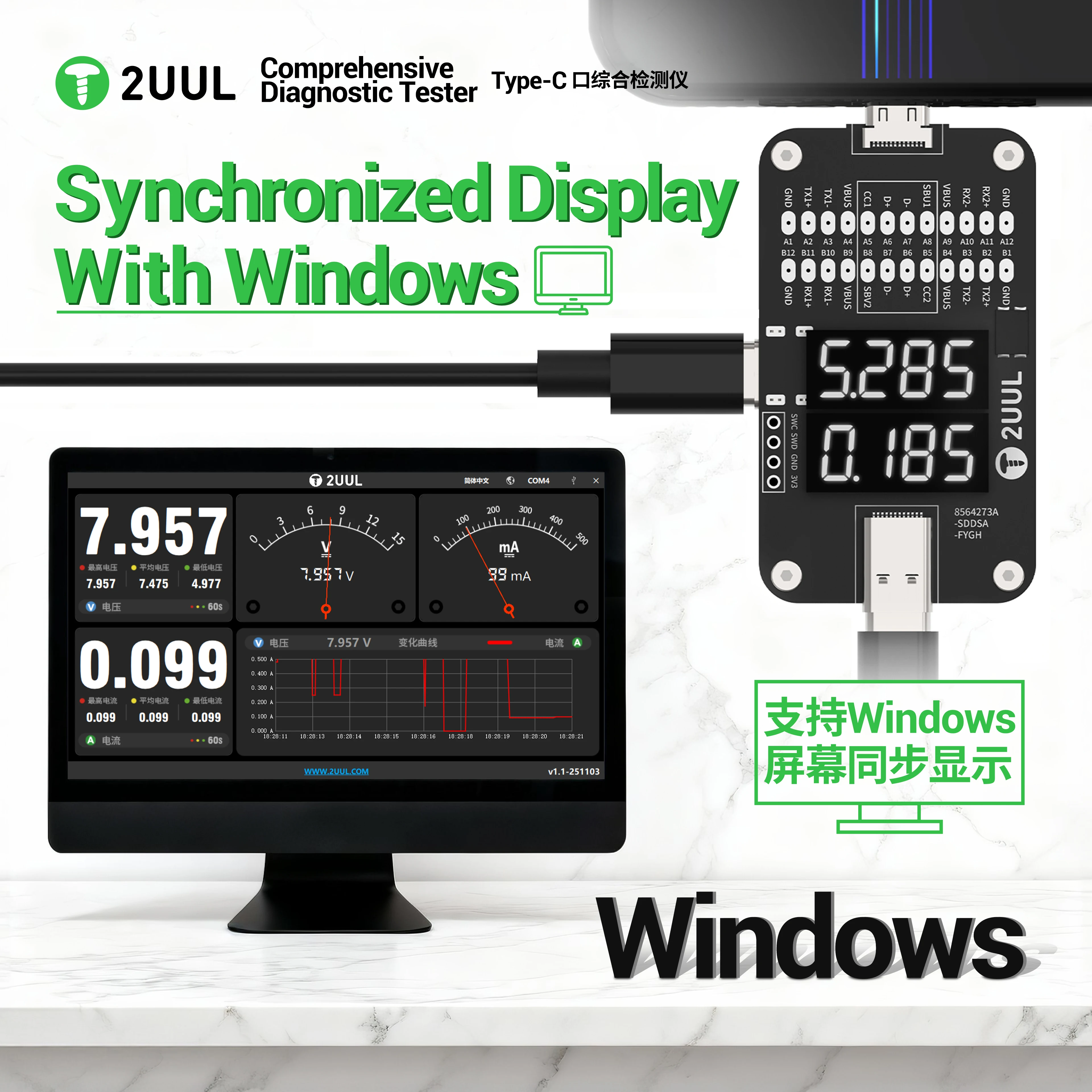 2UUL PW32 Tester for real-time charging detection of Type-C port, quick fault location tool for tail plug testing
