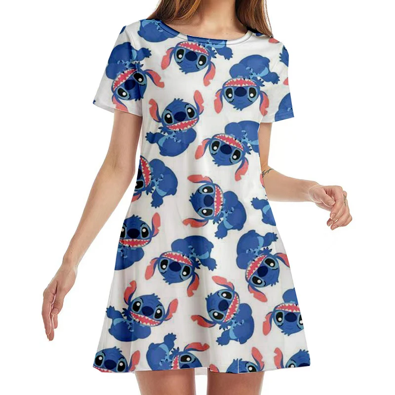 

Summer 2022 New Disney Brand Cute Stitch and Winnie the Pooh Anime Pleated Loose Print Short Sleeve Knee Length Casual Dress Y2K