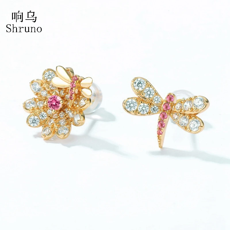 Shruno Cute Dragonfly Moissanite Earrings Real 18k 14k 10K Yellow Gold Genuine Pink Sapphire Moissanite Diamond Stud Earrings