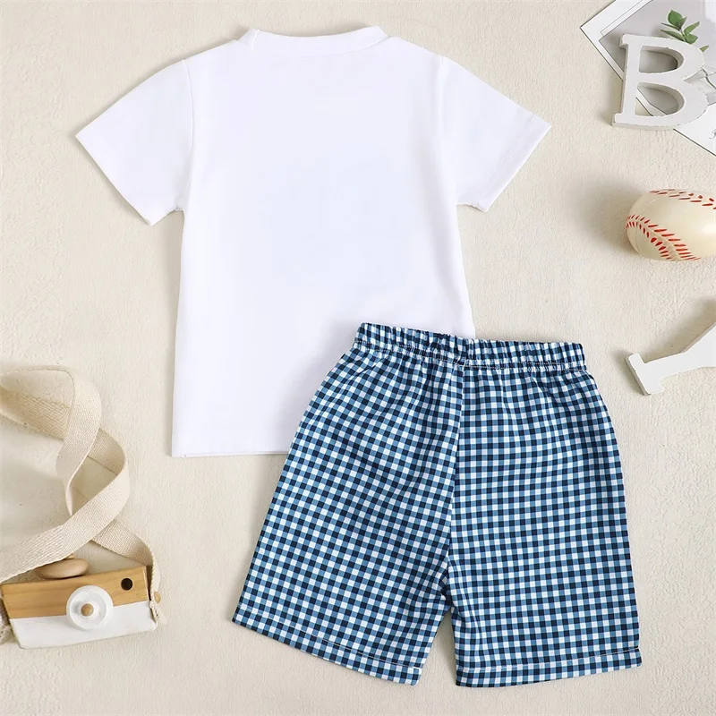 

Toddler Boys Casual Summer Outfits Printed Short Sleeves T-Shirt and Drawstring Plaid Shorts Set for Birthday Party