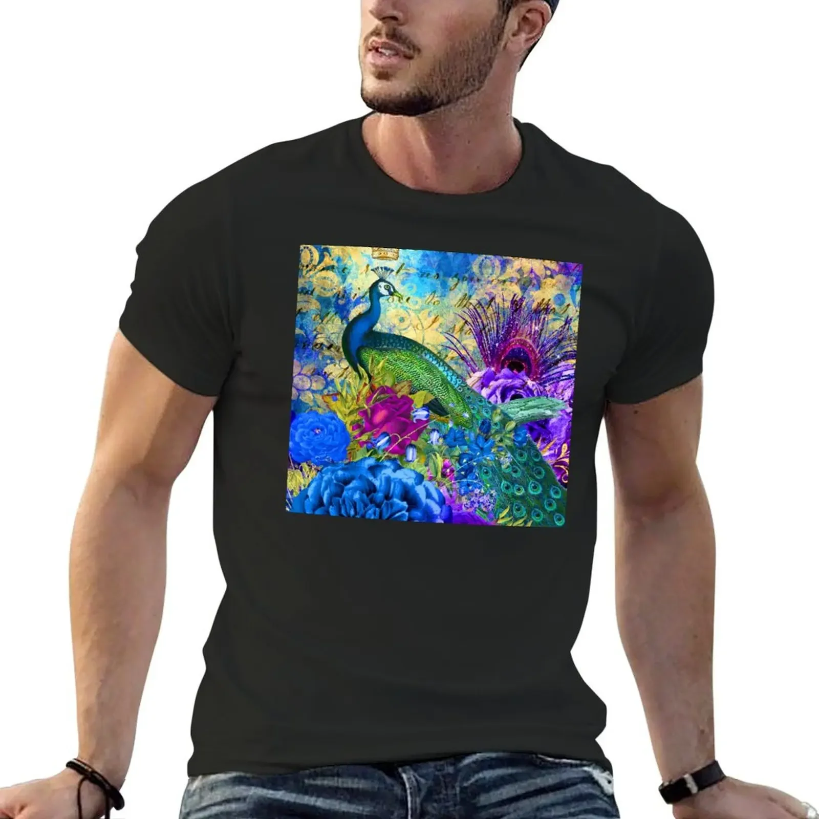 Peacock Elegant Art Design With Luxurious Flowers T-Shirt blacks cute tops oversized graphic tee mens t shirt graphic