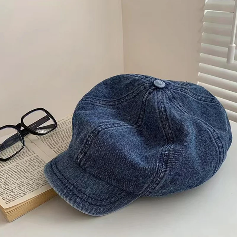 Women'S Denim Newsboy Beret Elegant British Style Octagonal Visor Hat with Structured Six-Panel Classic Painter Cap