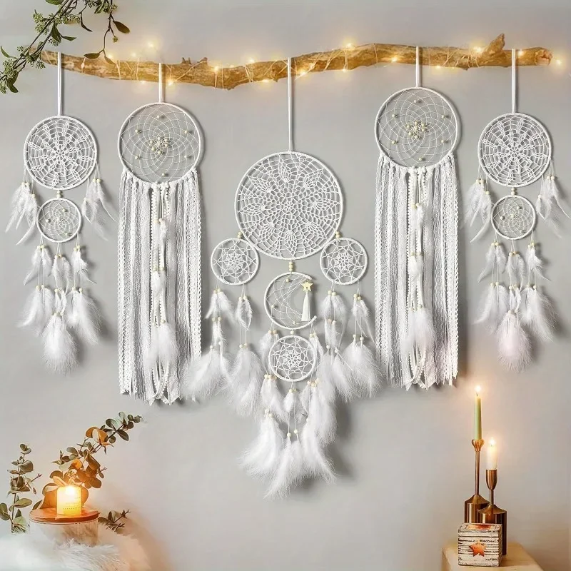 

На 5 упаковок, белый/коричневый богемный ловец снов ручной работы, настенный декор, традиционные перья ручной работы, ловцы снов