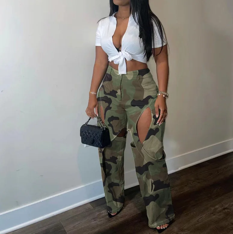 

Women's Pants 2023 Summer Fashion Camouflage Print Hollow Out Cross Casual High Waist Casual Daily Straight Pants Y2K Streetwear