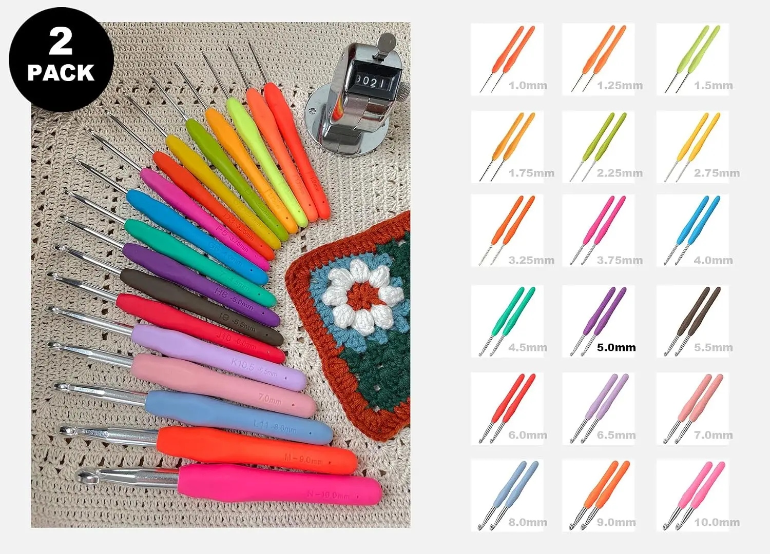 2Pcs 5.0mm Crochet Hooks, Ergonomic Handle for Arthritis, Extra Long Smooth Hook for Beginners view 6