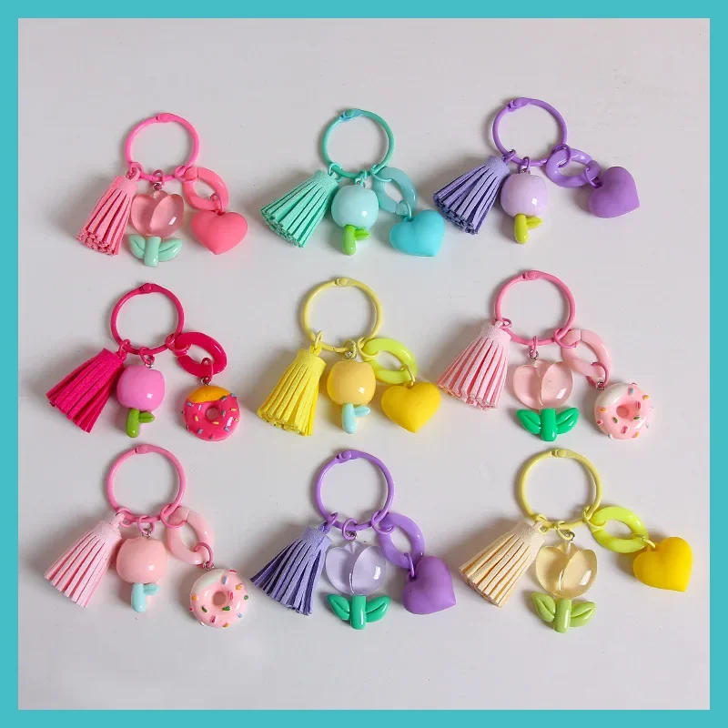 Lovely Tender Tulip Key Chains Cartoon Doughnut Keychain with Tassel Woman Handbag Ornament Funny Keychain