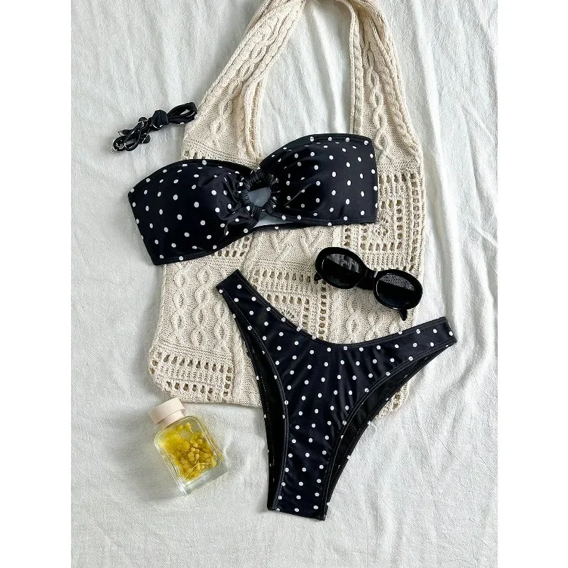 

New women's summer black and white polka dot print split bikini, tight sexy beach swimsuittv