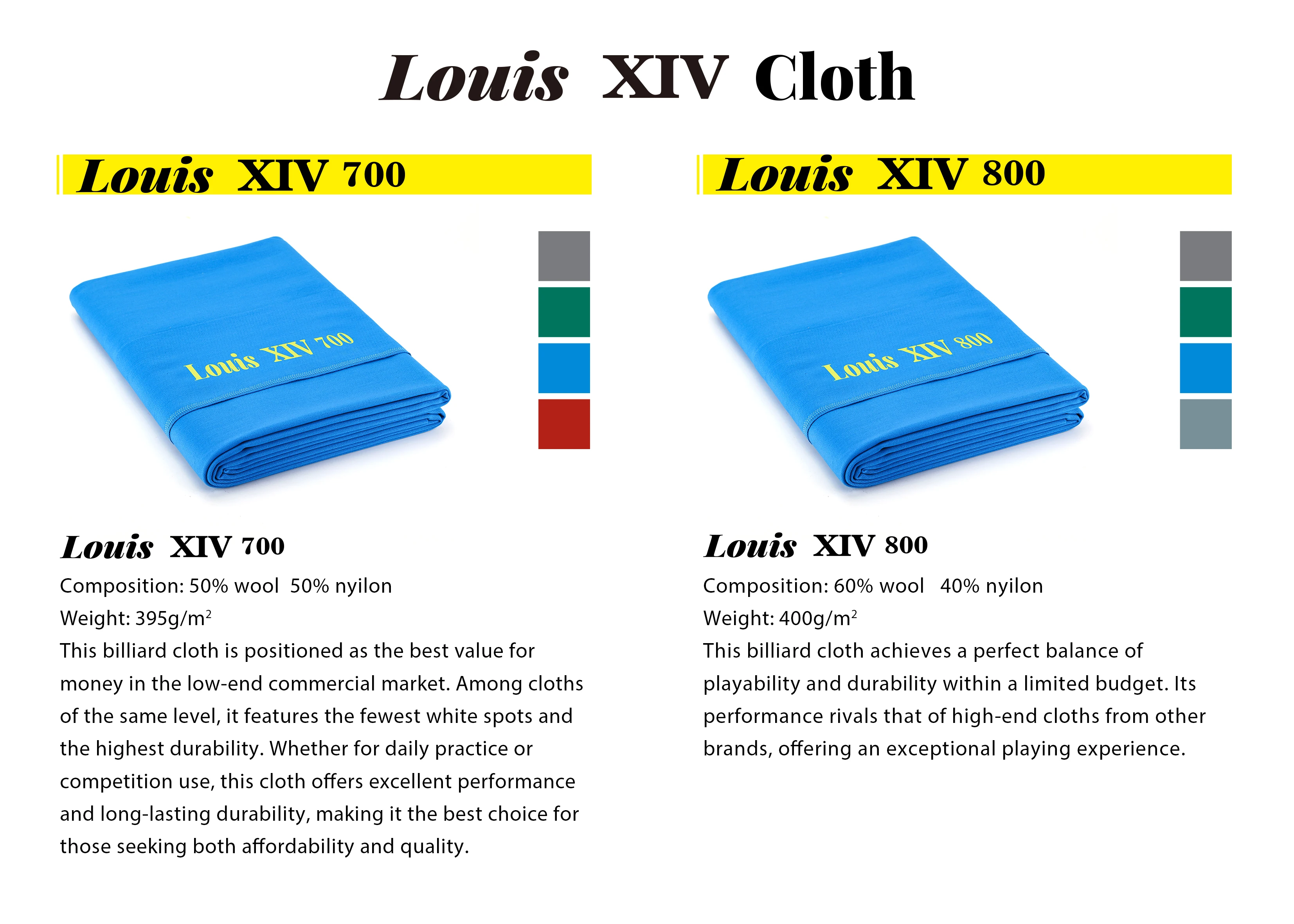 Durable Andy Louis XIV 700/800 Cloth 9FT Multi Color Billiard Pool Table Cloth with 6 Rails Cloth Fast Speed Fabric Replacement