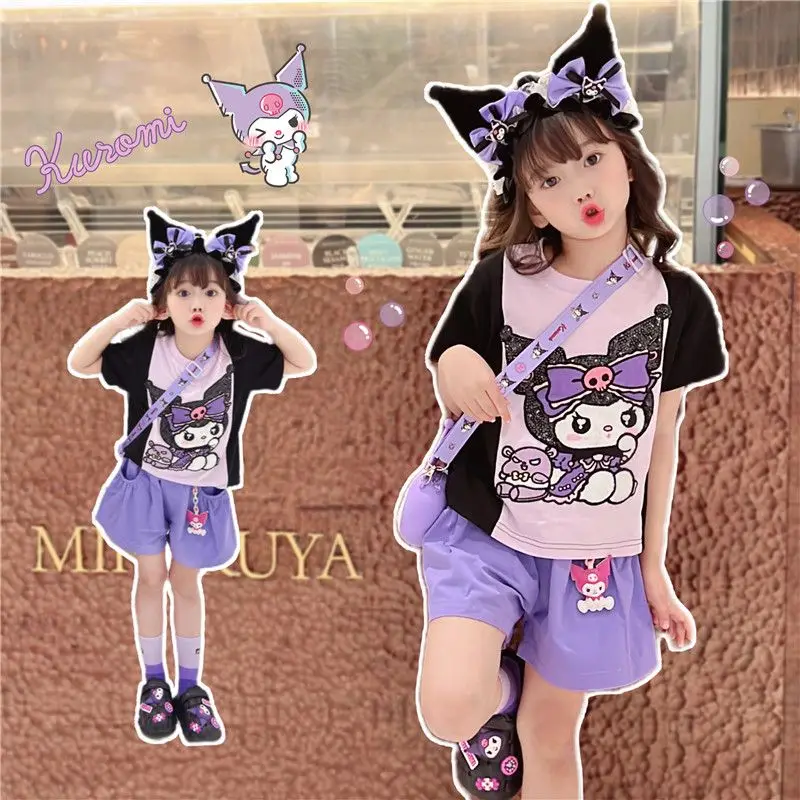 Anime Sanrioed Girls Short Sleeve Short Two Piece Set Cartoon Cotton Suit Kawaii Kuromi Child Casual Fashion Summer Kids Clothes