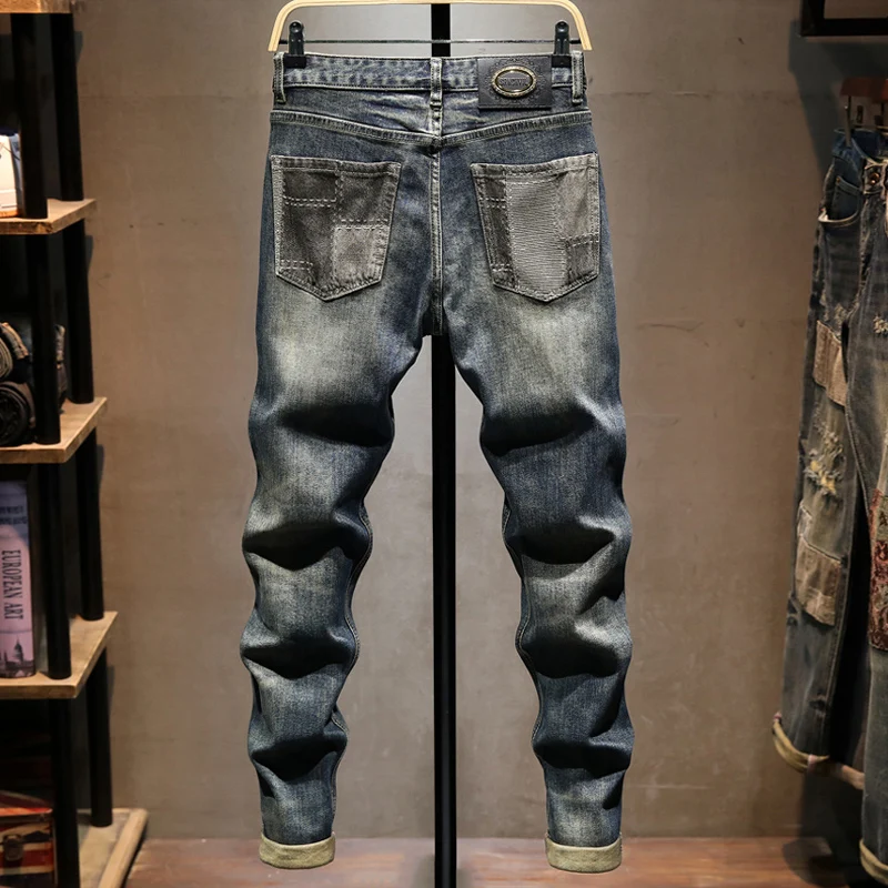 Street Designer Fashion Men Jeans Retro Washed Blue Stretch Slim Fit Ripped Jeans Men Patched Hip Hop Vintage Denim Pants Hombre