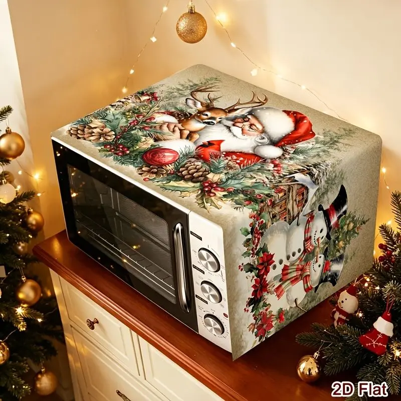 VIKAMA Vintage Christmas Kitchen Microwave Dust Cover Santa Reindeer Snowman Appliance Cover Holiday Home Decoration