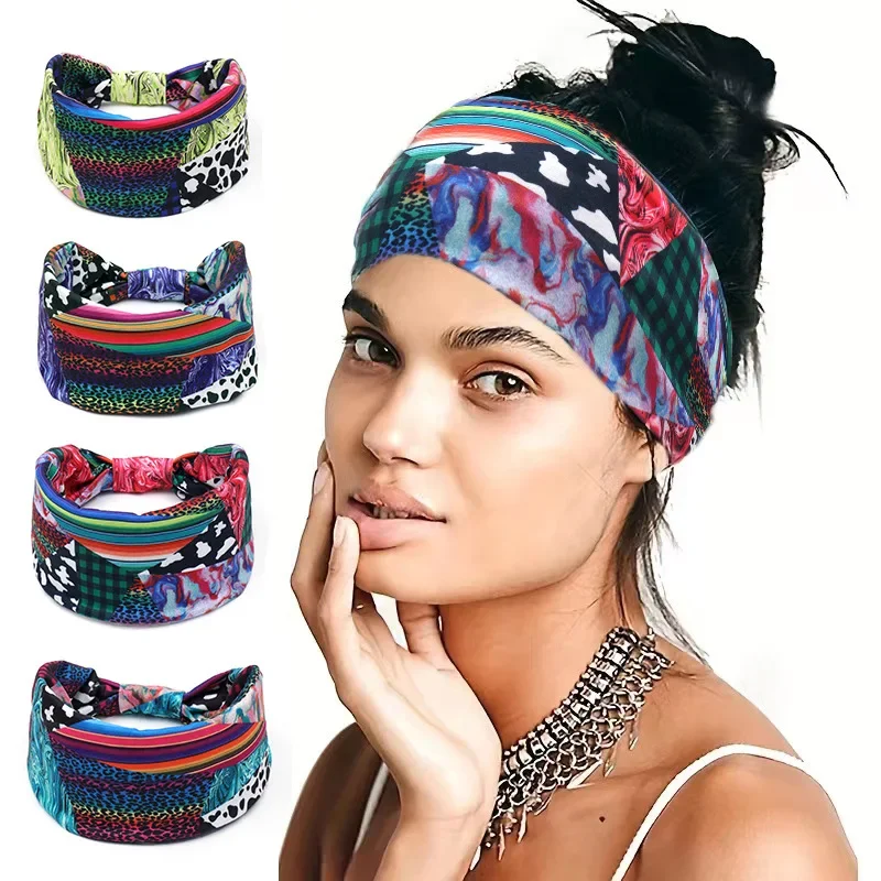 Wide Sports Headbands Sweatband Gym Workout Running Yoga Hair Bands Print Knotted Stretch Elastic Outdoor Sports Tennis Headwrap