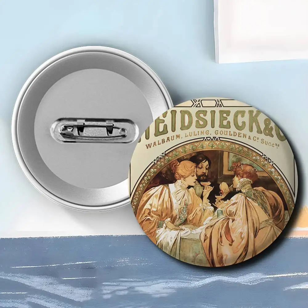 A-ALFONS MUCHAS Retro Badges Round Exquisite Badge Brooches Creative Pins For Clothes Hat Backpack Gift Accessories