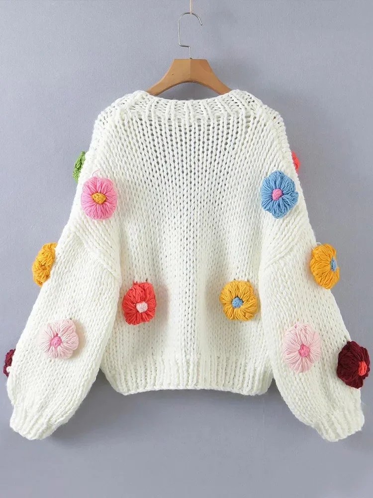 Fashion 3D Flower Knitted Cardigan for Women Elegant V Neck Open Stitch Knitting Coat 2024 Autumn New Female Long Sleeve Sweater