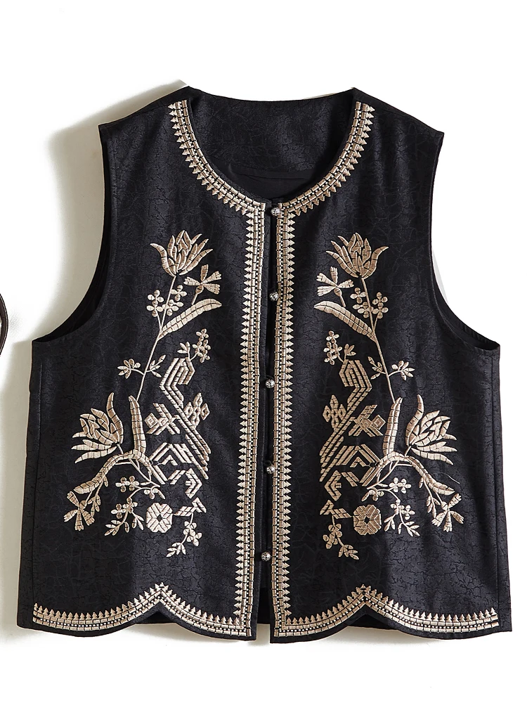 

Retro Court round Ne Svel Satin Embroidered Jaet Quali Vest Autumn Winter Layering Outerwear Floral Pattern Commu...