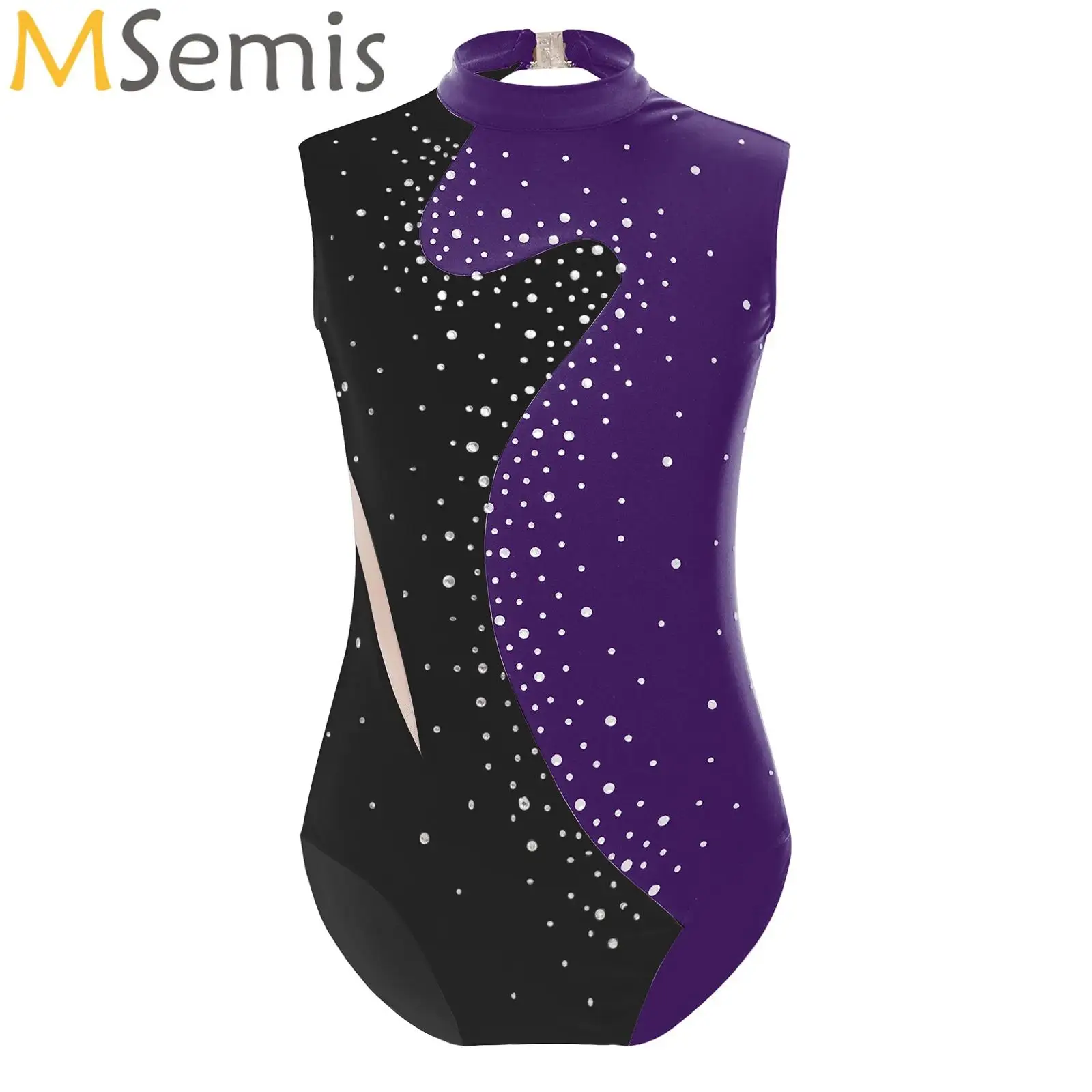 

Kids Girls Color Block Ballet Dance Leotard Rhinestones Sleeveless Bodysuit for Figure Skating Rhythmic Gymnastics Training Wear