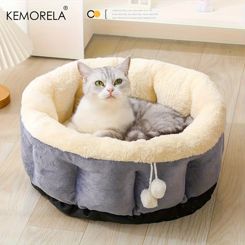 KEMORELA Extra hochseitiges, rundes Winter-Katzenbett, maschinenwaschbar, mit weichen Kissen und rutschfester Unterseite für Katzen und kleine Hunde