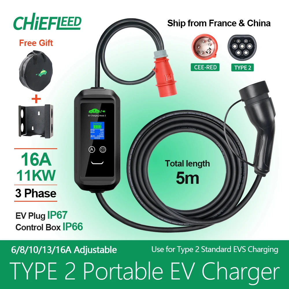 Chiefleed Portable 11KW 16A EV Portable Charger Type2 IEC62196-2 Charging Box Electric Vehicle Cars Charger CEE Plug 7M Cable