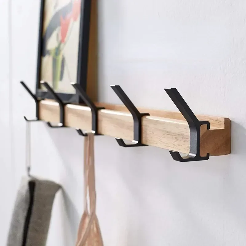 Bamboo Rack with Movable Aluminum Hooks No Need to Drill Coat Hat Clothing Hanger Wall-mounted Shelf for Bedroom Organization