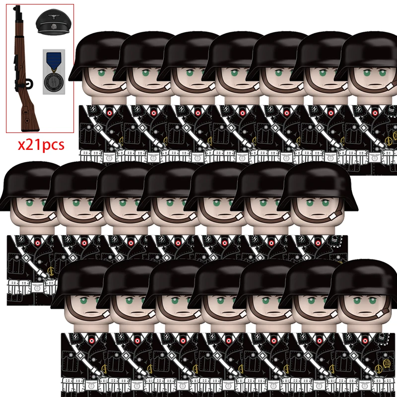 

21pcs WW2 Military Police Soldier War Action Figures Army Figures Building Blocks Helmet Weapons Accessories Kids for Toys