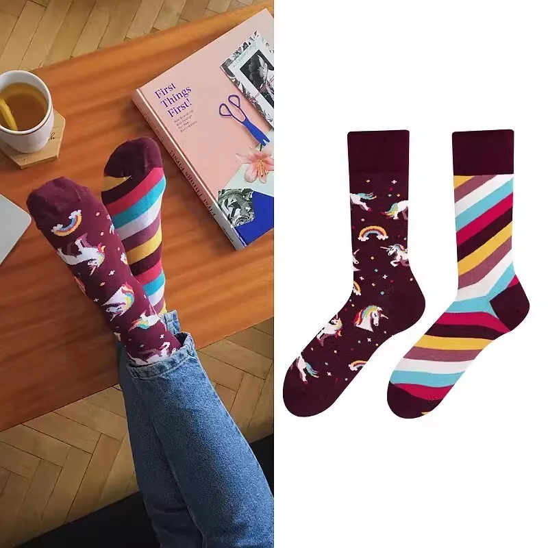 CHAOZHU 1 Pair Women Kawaii Cute AB Side Cartoon Horse Rainbow Wine Funny Fashion Women Crew Socks Long Autumn Winter