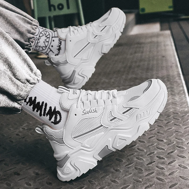 Estudante sola grossa malha respirável sapatos esportivos casuais quatro sazonal masculino ao ar livre sola macia conforto tênis masculino