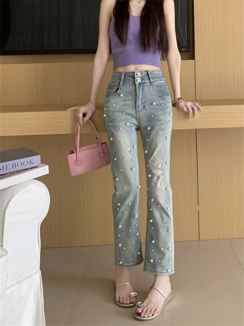 Alien Kitty New Arrival Pearls Pants Women Ankle Length Casual High Street Summer 2023 Denim Chic Slim Straight Jeanswear OL