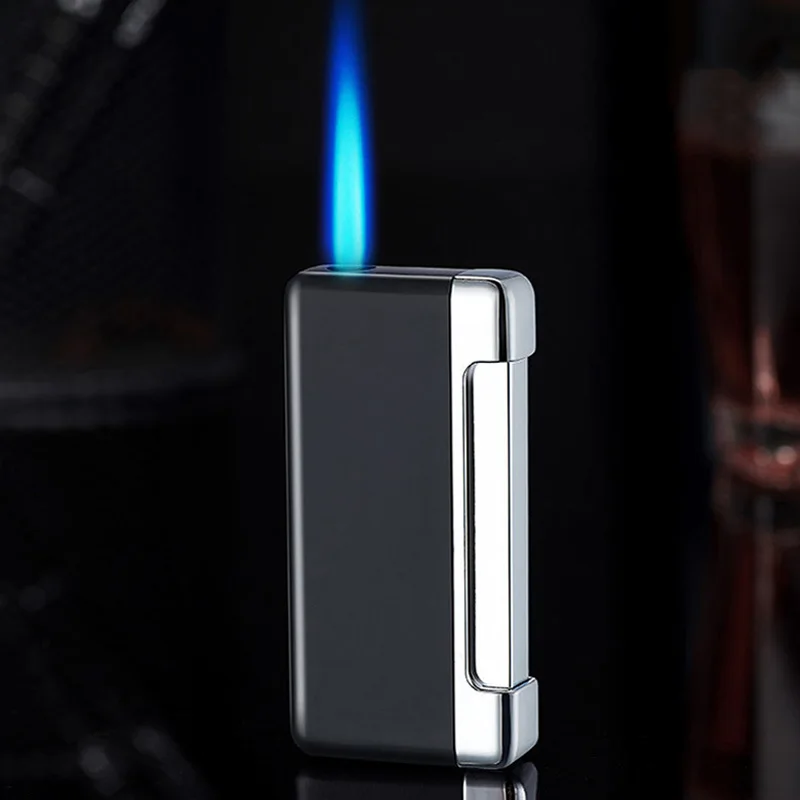 New Metal Cigarette Lighter Side Press Ignition Lighter Can Be Refilled With Butane Gas Jet Blue Flame Windproof Cigar Lighter