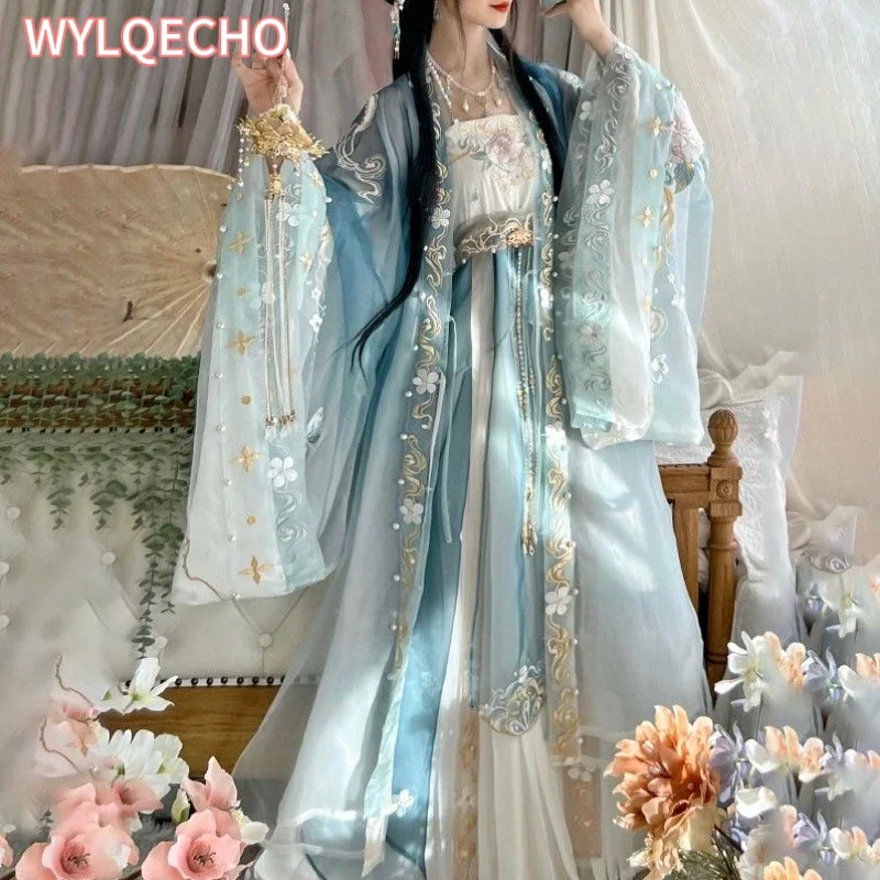 

Hanfu Dress Women Gradient Blue High-grade Embroidery Traditional Chinese Vintage Hanfu Sets Female Carnival Cosplay Costume