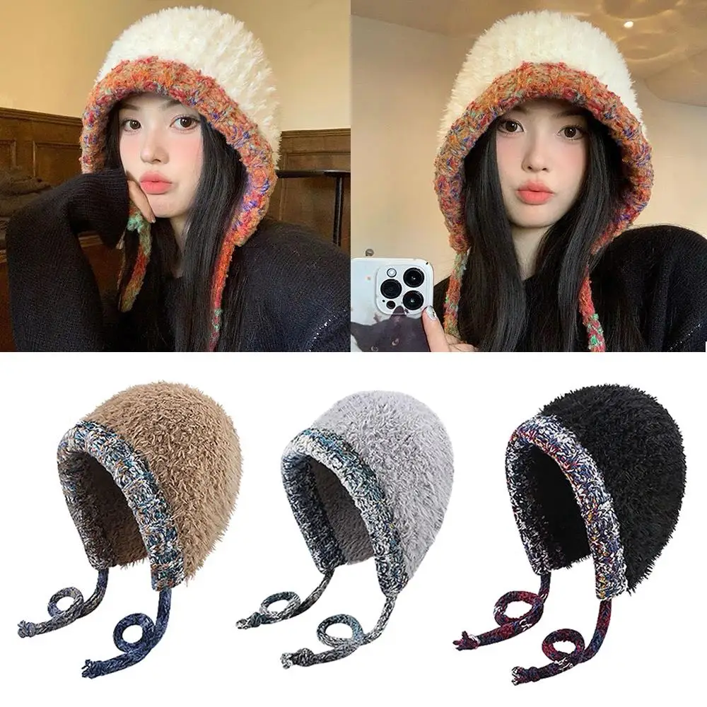 New Design Drawstring Bag-Hat Fashion Plush Colorful Knitted Bucket Caps Winter Outdoor Cold Proof Warm Cap Christmas Girls Gift